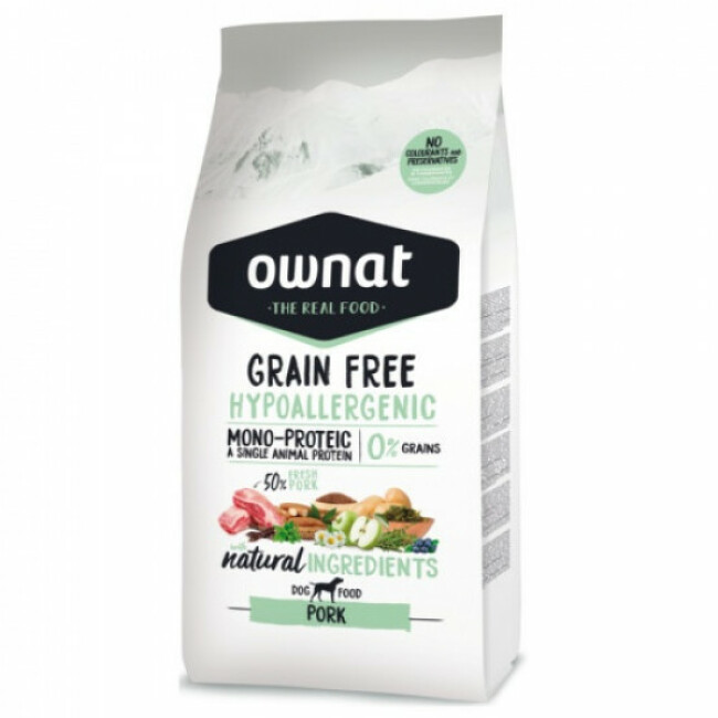 Croquettes Ownat Grain Free Hypoallergenic sans céréales au porc pour chien adulte Sac 14 kg