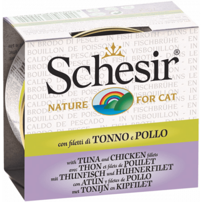 Pâtée pour chat Schesir avec bouillon - Boîte 70 g Thon avec filets de poulet