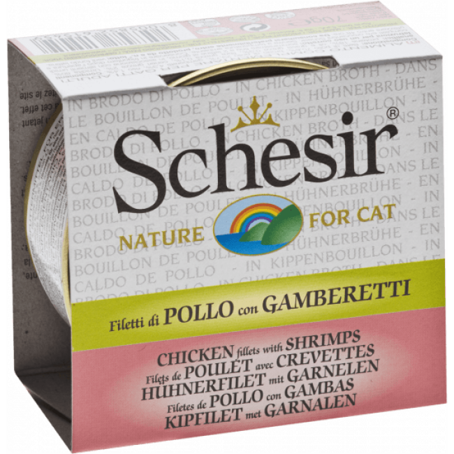 Pâtée pour chat Schesir avec bouillon - Boîte 70 g Filets de poulet avec crevettes