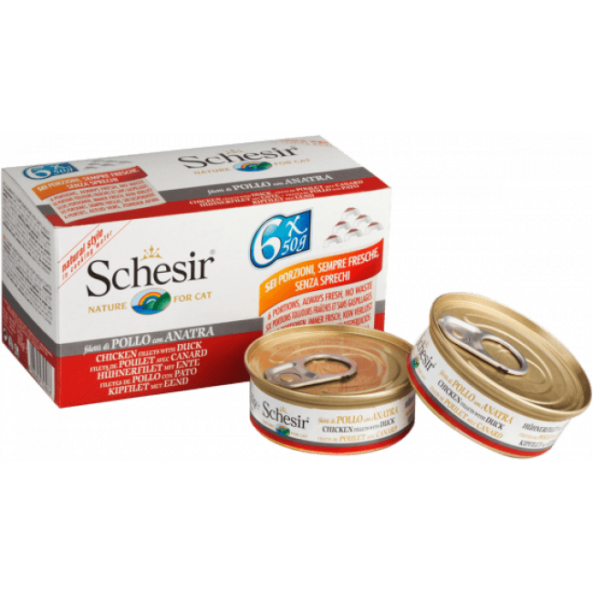 Pâtée pour chat Schesir avec bouillon - Lot de 6 boîtes x 50 g Filet de poulet avec canard