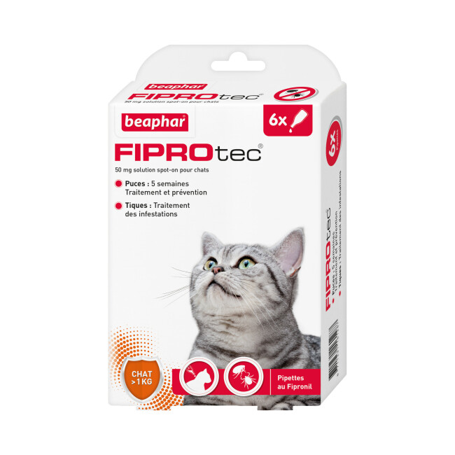 Pipettes antiparasitaires Fiprotect spot on Beaphar pour chat > 1 Kg 6 pipettes 0.50 ml