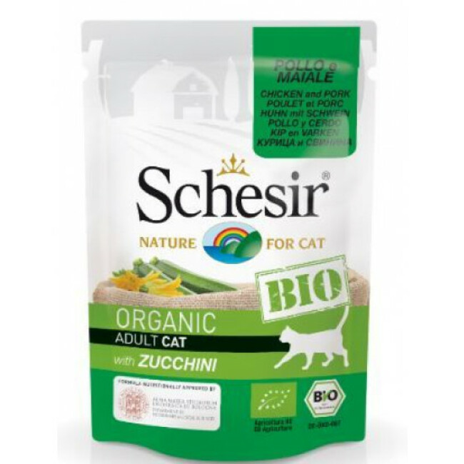 Sachet fraîcheur BIO pour chat Schesir 85 g au Poulet, porc, courgette bio
