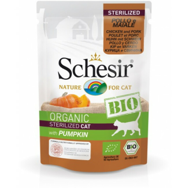 Sachet fraîcheur BIO pour chat stérilisé Schesir 85 g au Poulet, porc et citrouille