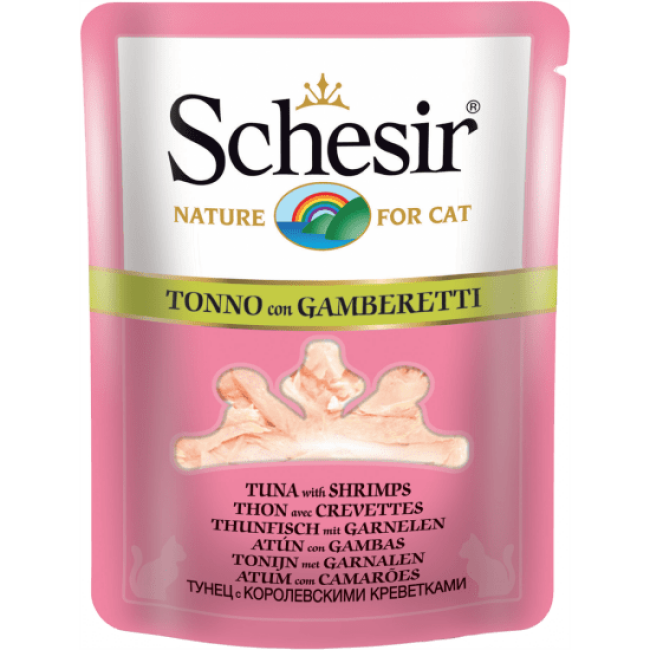 Sachet fraîcheur pour chat Schesir bouillon de cuisson - Pochon 70 g Thon avec crevettes