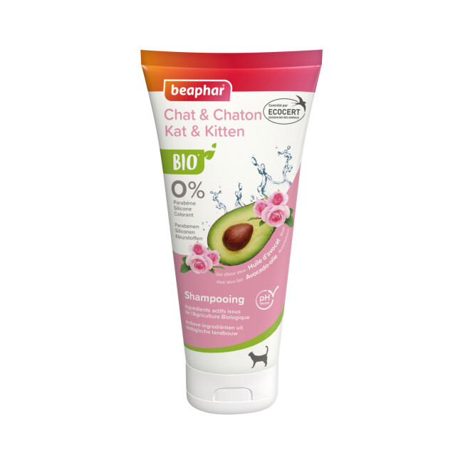 Shampoing labellisé ECOCERT huile d'avocat et extrait de rose pour chat et chaton - 200 ml