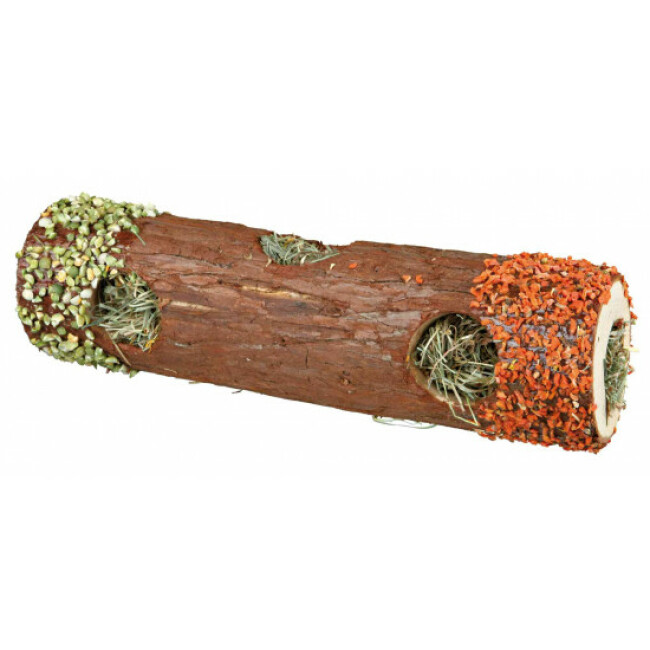 Tunnel en bois naturel avec foin et fleur d'hibiscus pour rongeurs - ø 9 × 30 cm
